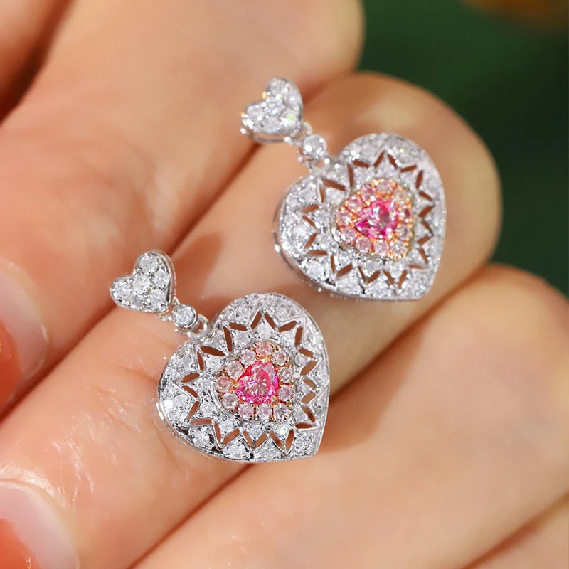 Pink & White Diamonds Heart Stud Earrings