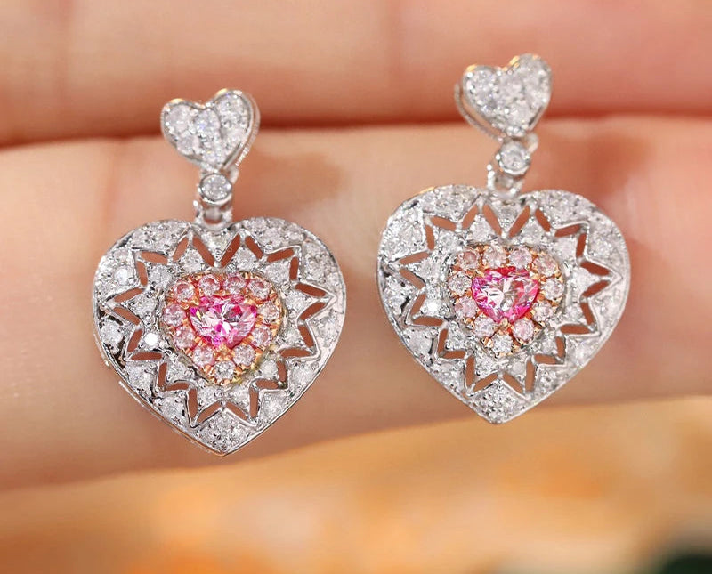 Pink & White Diamonds Heart Stud Earrings